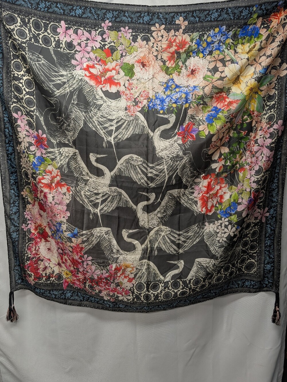 Johnny Was Lindana Black Silk Scarf with Multicolor Floral & Crane Motif NWT